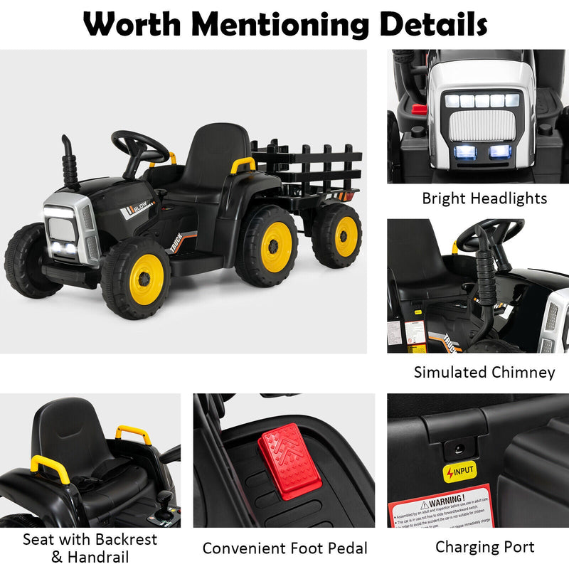 Electric Ride-on Tractor with Trailer for Kids - 3 Speeds & Remote Control - Black