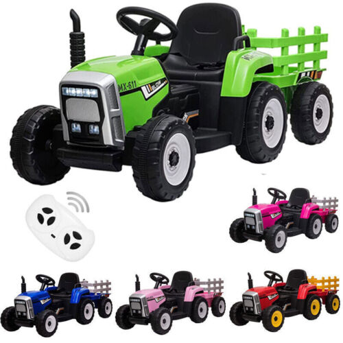 Electric Ride-On Tractor with Trailer for Kids - LED Lights, USB Music Player