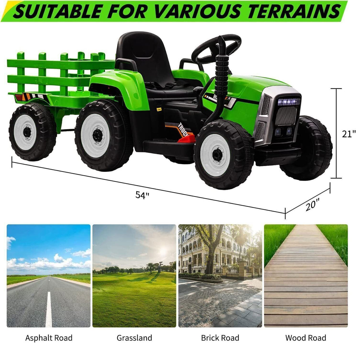 Electric Ride-On Tractor with Trailer for Kids - LED Lights, USB Music Player