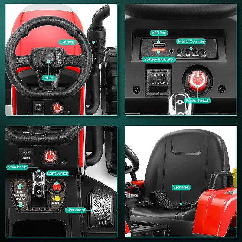 12V Electric Ride On Tractor Car with Trailer and Remote Control - 3 Speeds, 60W Motor