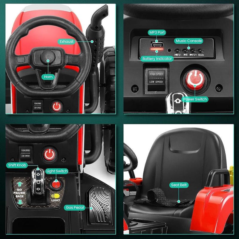 Electric Ride-On Tractor with Trailer for Kids - Remote Controlled Toy Car (12V)