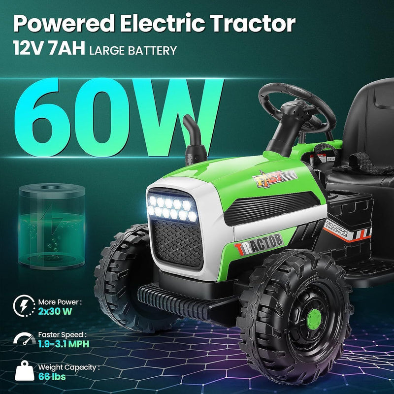 12V Battery-Powered Ride-On Tractor with Trailer and Remote Control - 2 * 30W Toy for Kids