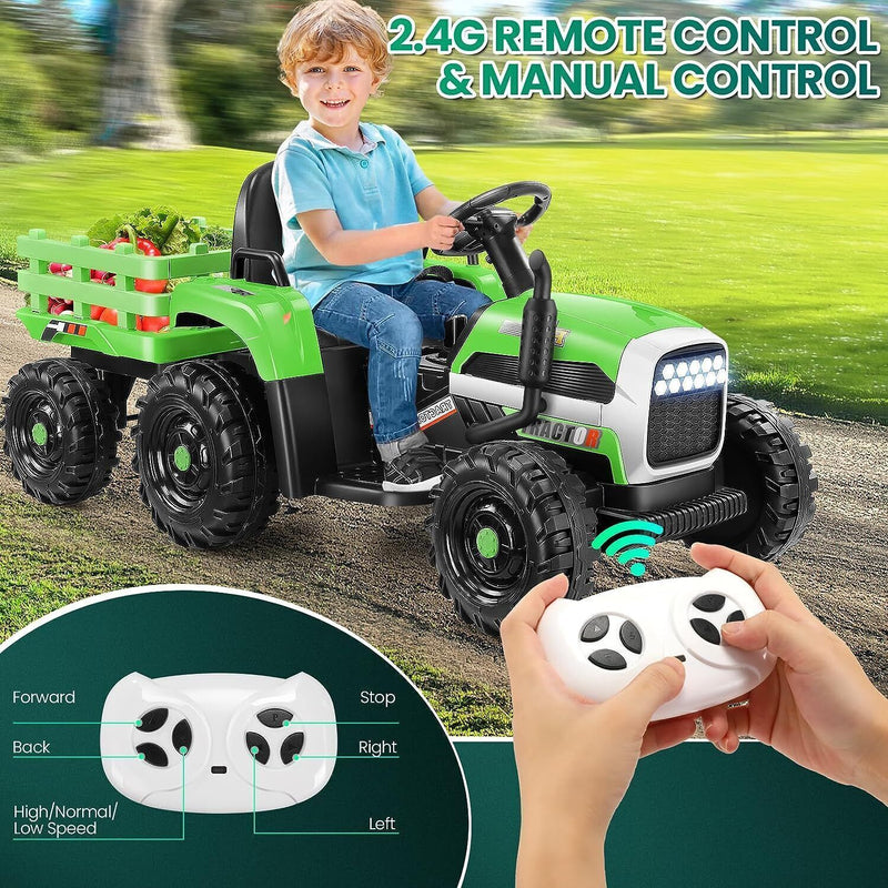 Electric Tractor for Kids with Remote Control, MP3 Player, and LED Lights