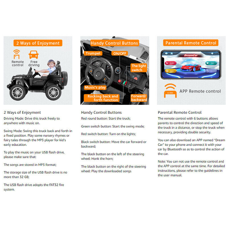 Electric Ride-On Truck for Kids with Parental Remote Control, MP3 Player, LED Lights, and 3 Speed Options