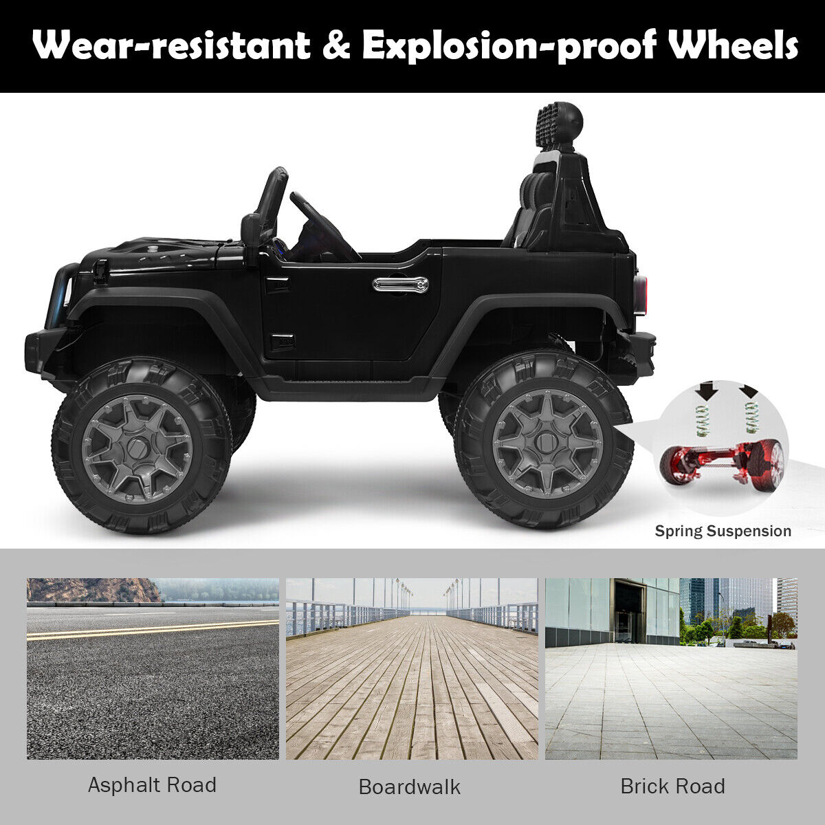 Electric Ride-On Truck for Kids with RC Control, Spring Suspension, Lights, Music, and Trunk - Black