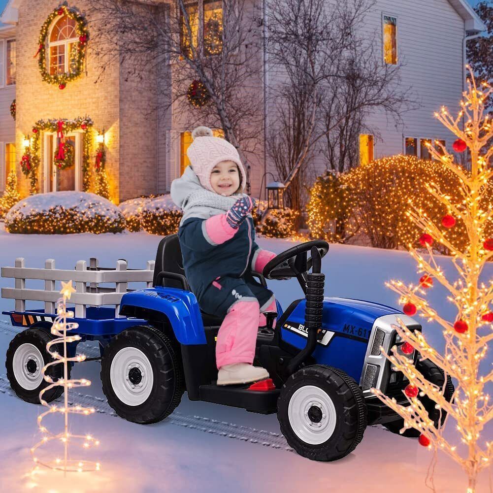 Electric Tractor Ride-On Toy with Trailer and LED Lights for Kids - 12V Battery Powered