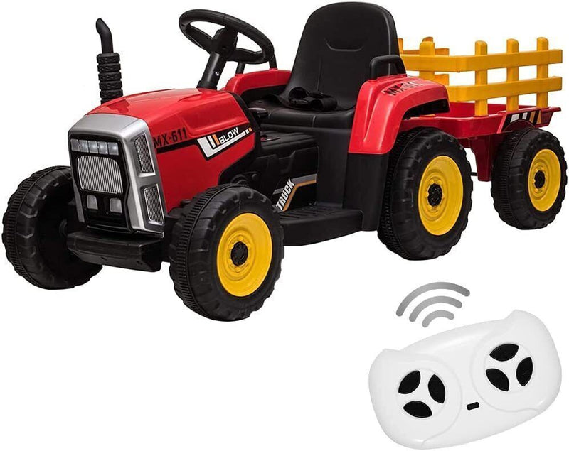 Electric Tractor Ride-On Toy with Trailer and LED Lights for Kids - 12V Battery Powered