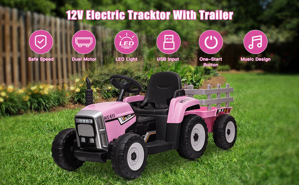 Electric Tractor with Trailer and Bucket - Battery Powered Ride On Toy for Kids