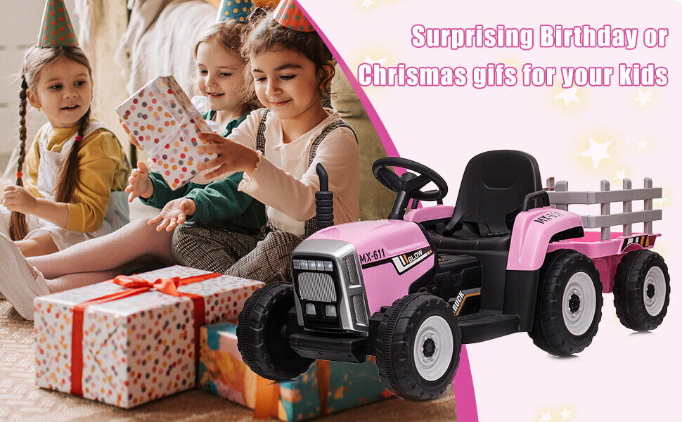 Electric Tractor Ride-On with Trailer and Remote Control for Kids - LED Headlights Included