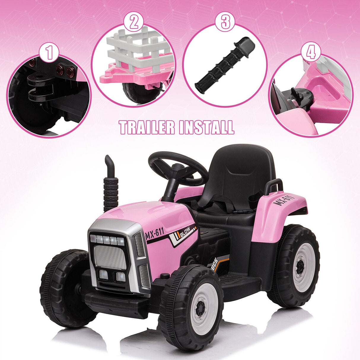 Electric Tractor Ride-On with Trailer and Remote Control for Kids - LED Headlights Included