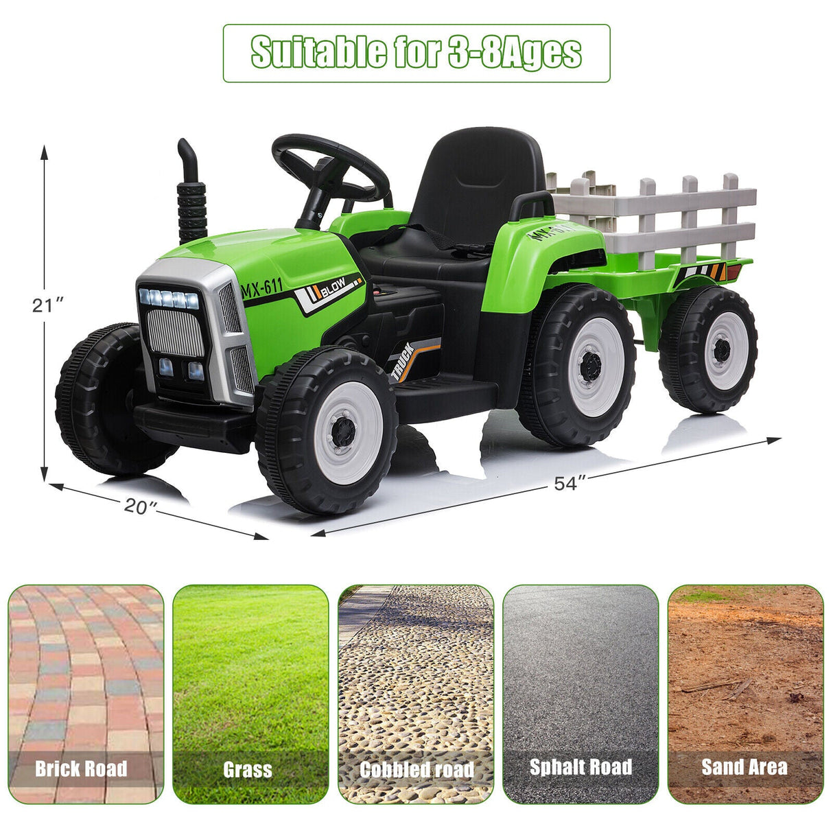 Green Electric Tractor with Trailer Ride-On Toy for Toddlers (12V) - Remote Control Included