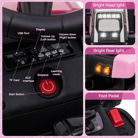 12V Pink Electric Ride-On Tractor with Trailer Bucket for Kids
