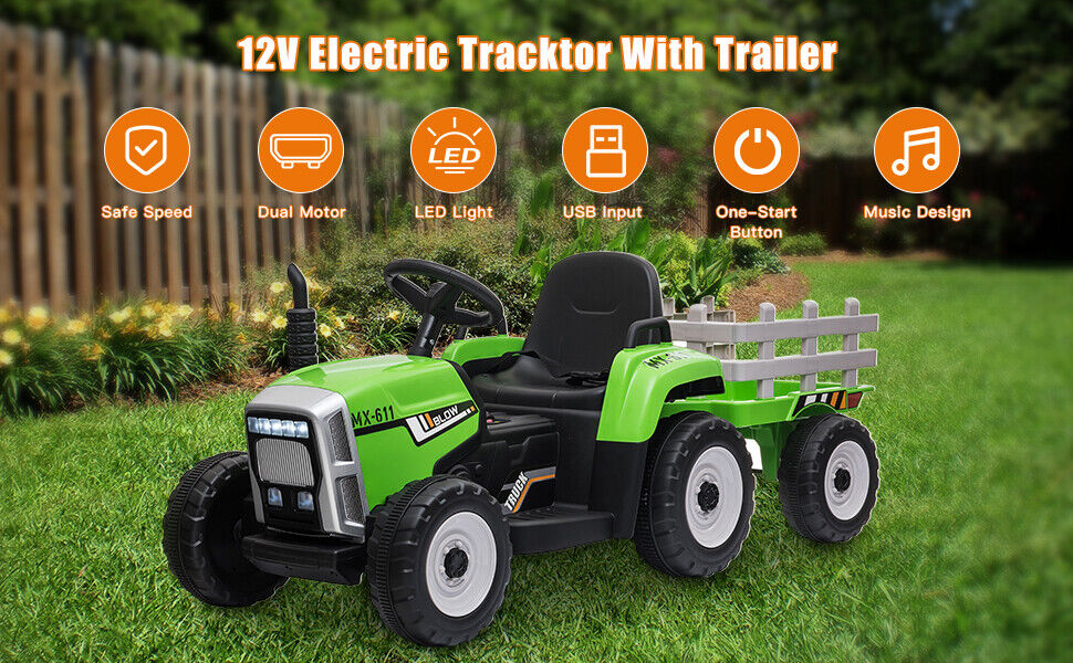 Green 12V Electric Tractor with Trailer for Kids - Remote Control Ride On Toy for Toddlers