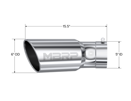 Embout universel MBRP 6 po de diamètre extérieur, entrée 5 po, longueur 15,5 po, coude à 30 degrés, extrémité roulée coudée T304