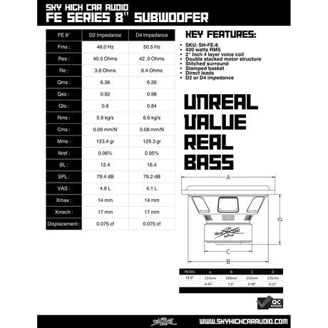 Sky High Car Audio FE 8" 400W RMS Subwoofer DVC Sky High Car Audio