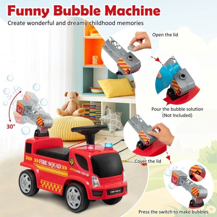 Fire Truck Foot-to-Floor Push Car with Music & Bubble Maker for Kids