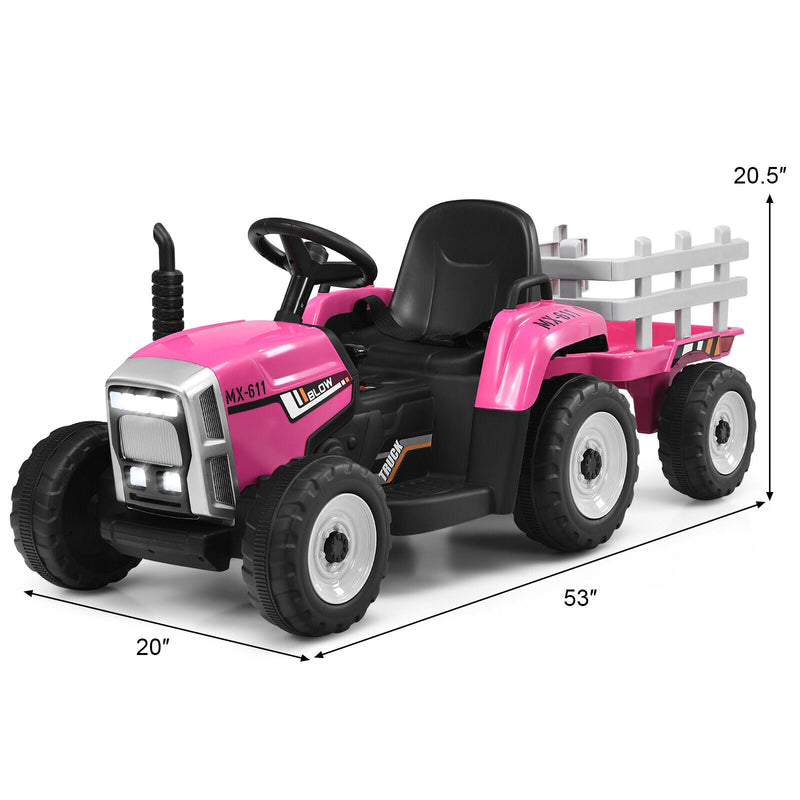 Fun and Functional 12V Pink Ride-On Tractor with Trailer and Remote Control for Kids, Featuring Lights and Ground Loader