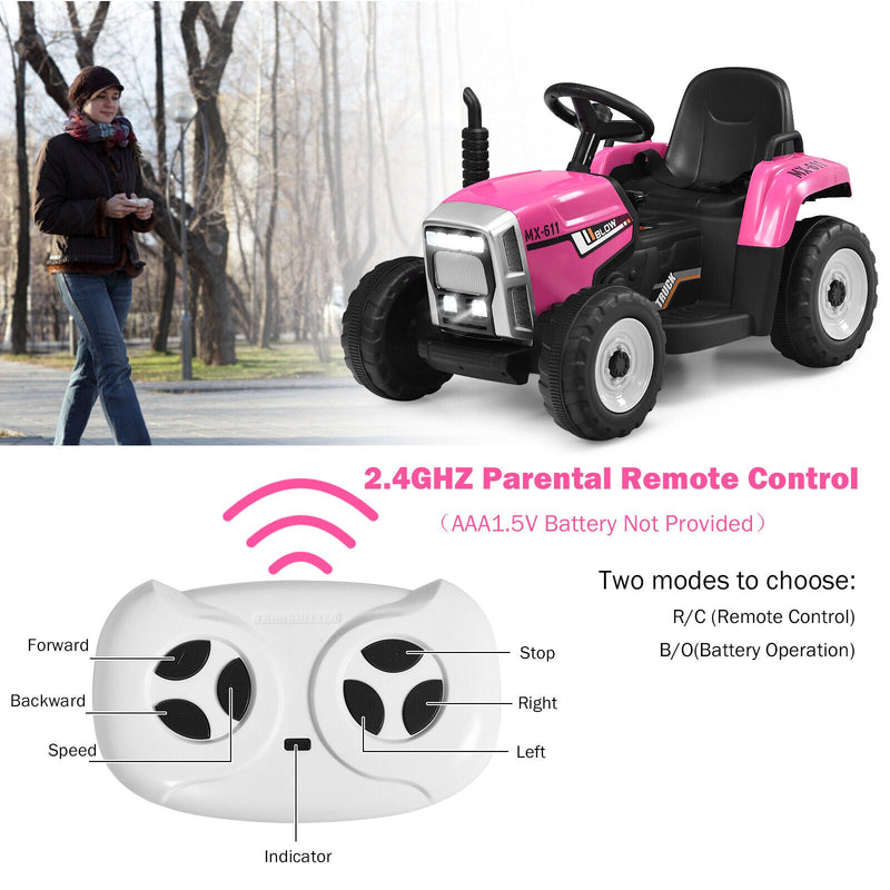 Fun and Functional 12V Pink Ride-On Tractor with Trailer and Remote Control for Kids, Featuring Lights and Ground Loader