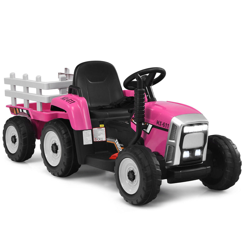 Fun and Functional 12V Pink Ride-On Tractor with Trailer and Remote Control for Kids, Featuring Lights and Ground Loader