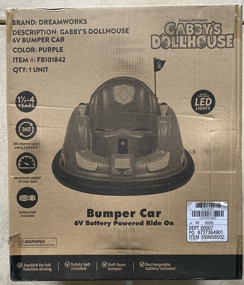 Gabby's Dollhouse 6V Bumper Car: Fun Ride with LED Lights