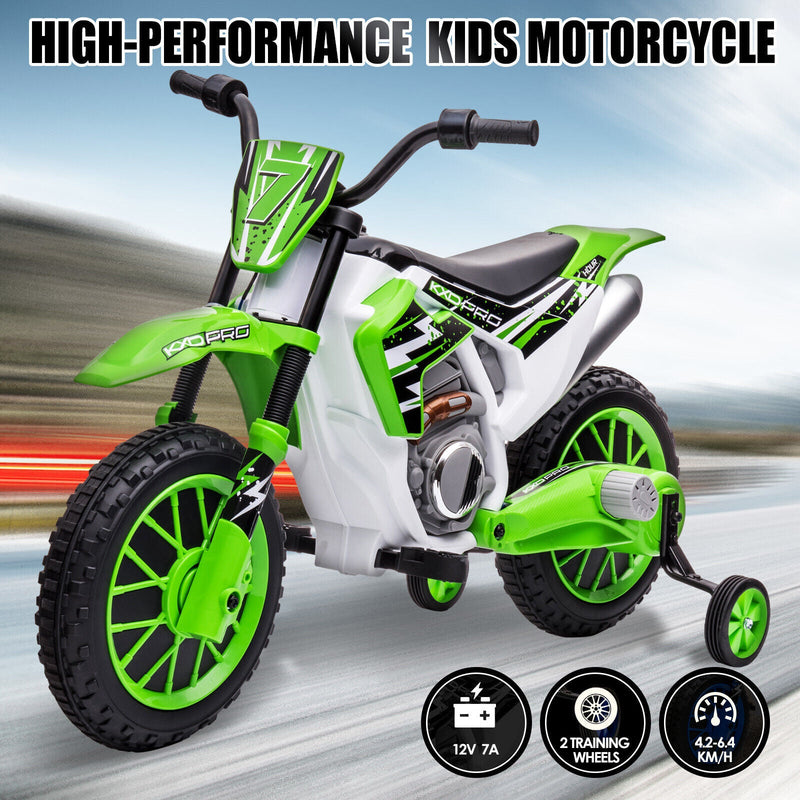 Green 12V Electric Kids Ride-On Motorcycle with Training Wheels