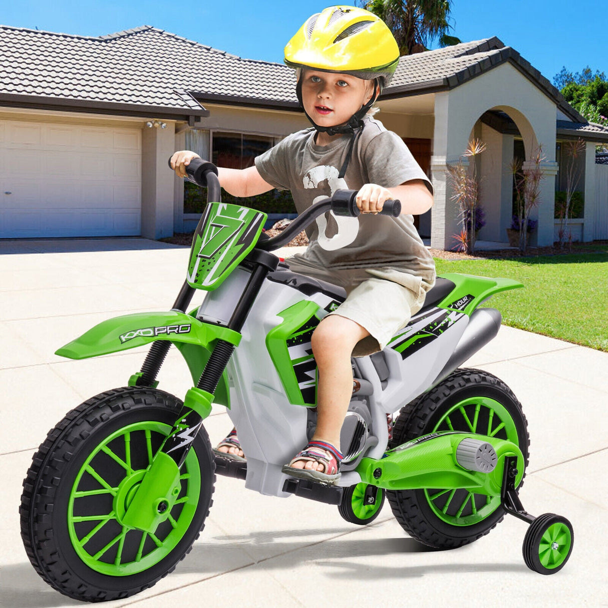 Green 12V Electric Kids Ride-On Motorcycle with Training Wheels