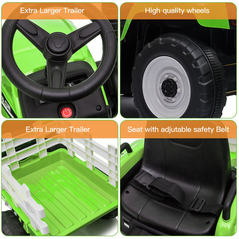 Electric Green Tractor Ride-On Toy for Kids with Remote Control and Trailer - 3 Speed Options