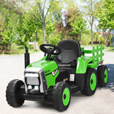 Green 12V Kids Ride On Tractor Trailer with RC Control and Lights