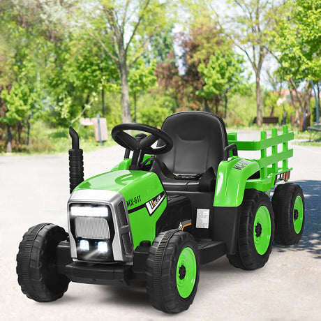 Green 12V Kids Ride On Tractor Trailer with RC Control and Lights
