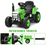 Green 12V Kids Ride On Tractor with Trailer and Remote Control - Featuring Lights and Ground Loader