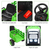Green 12V Kids Ride On Tractor with Trailer and Remote Control - Featuring Lights and Ground Loader