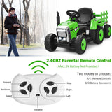 Green 12V Kids Ride On Tractor with Trailer and Remote Control - Featuring Lights and Ground Loader