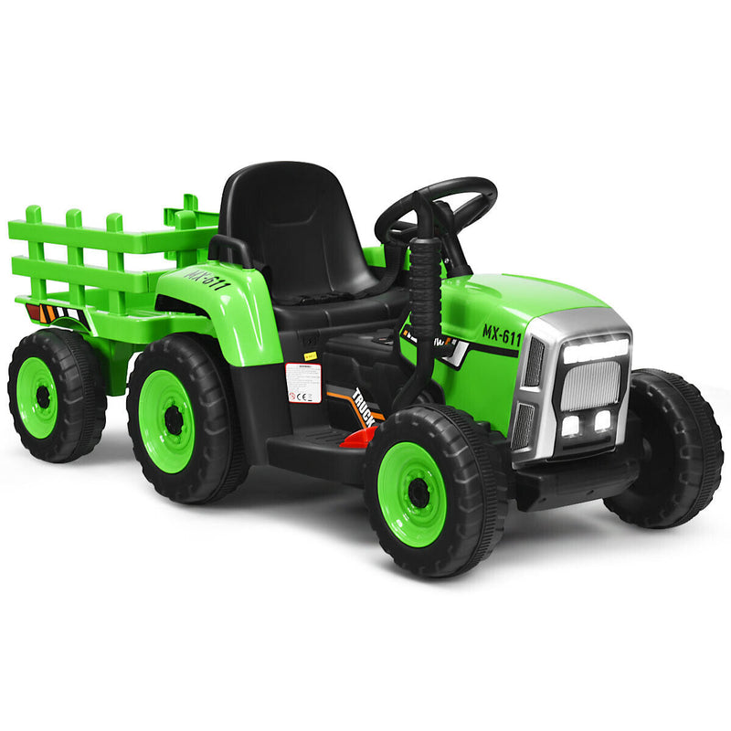Green 12V Kids Ride On Tractor with Trailer and Remote Control - Featuring Lights and Ground Loader