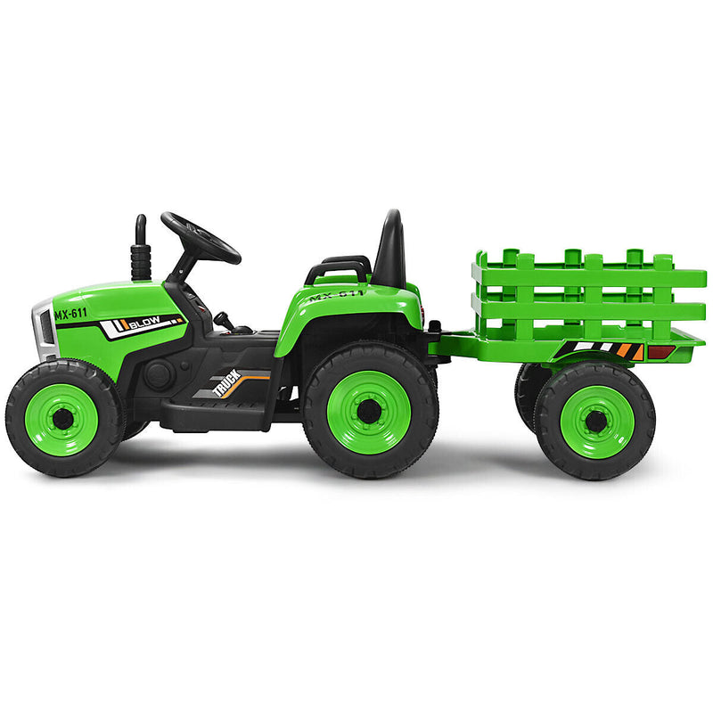 Green 12V Kids Ride On Tractor with Trailer and Remote Control - Featuring Lights and Ground Loader