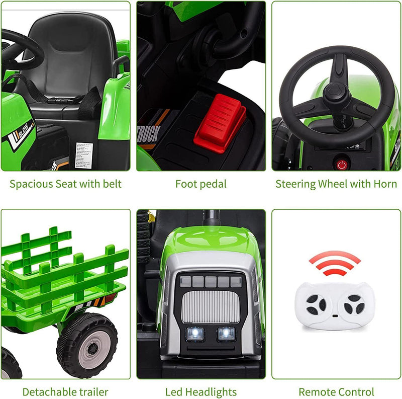 Green 12V Ride-On Tractor with Trailer and Remote Control for Kids, Featuring LED Headlights