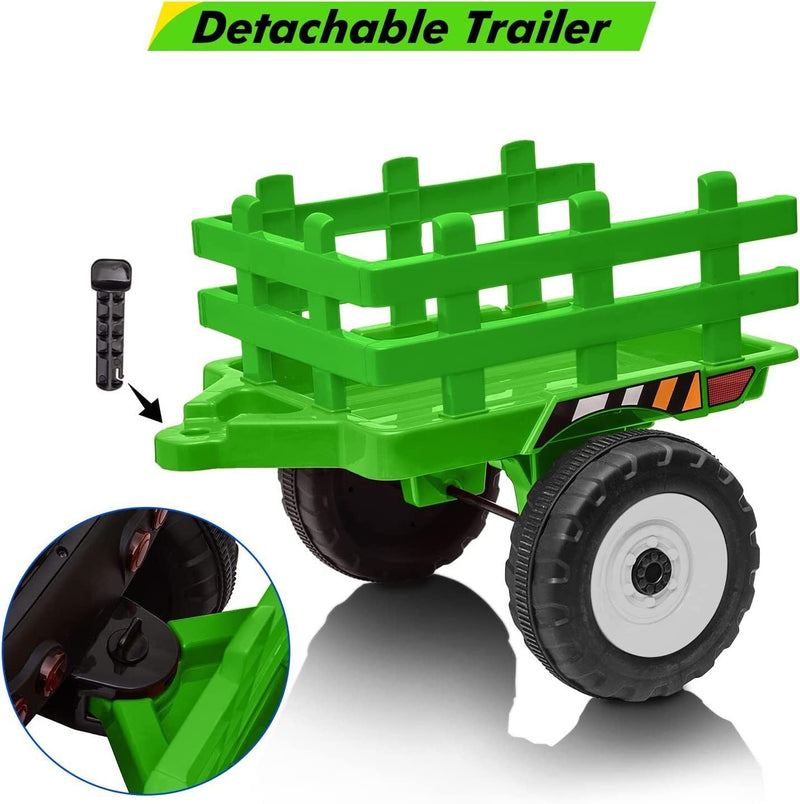 Green 12V Ride-On Tractor with Trailer and Remote Control for Kids, Featuring LED Headlights