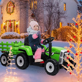 Green 12V Ride-On Tractor with Trailer and Remote Control for Kids, Featuring LED Headlights
