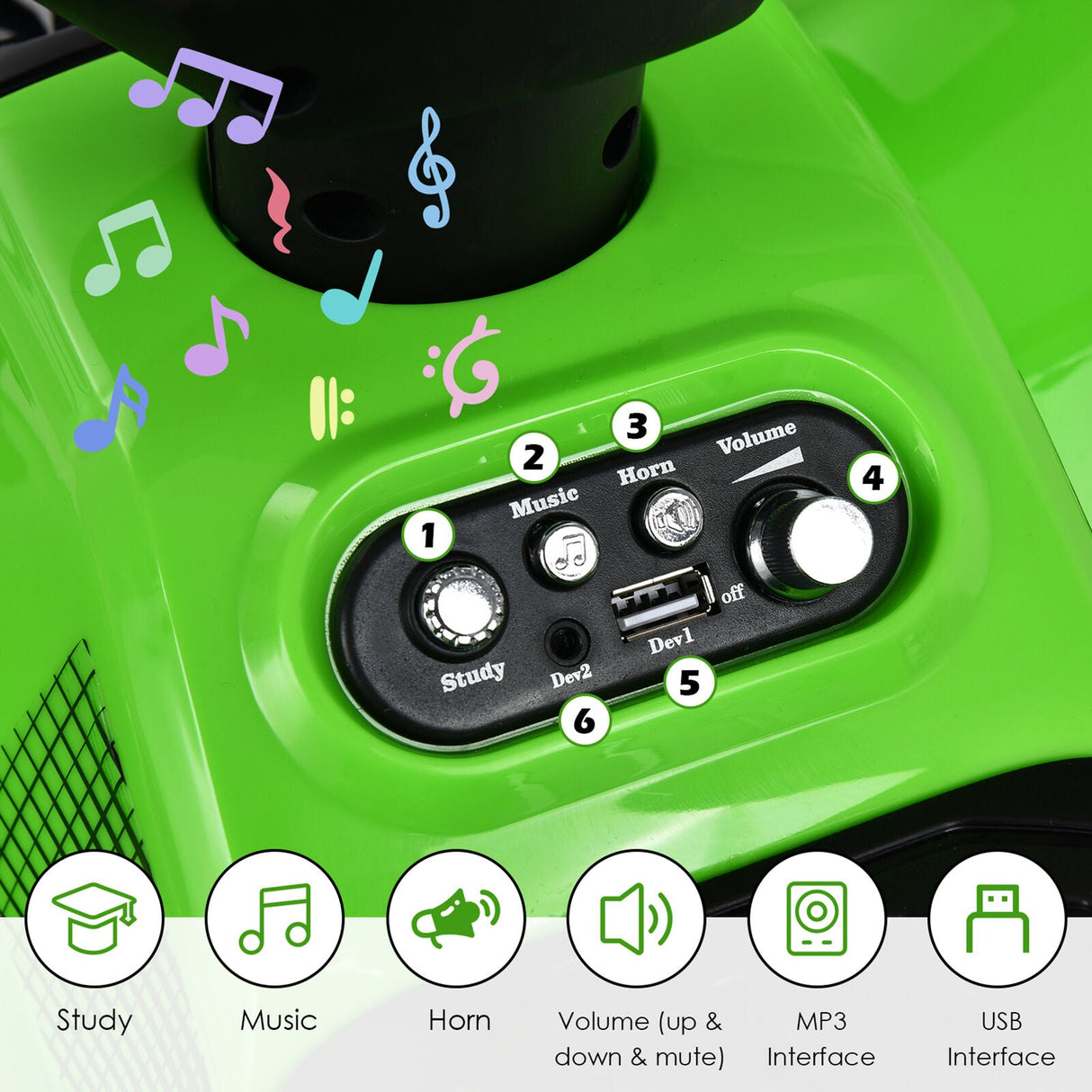 Green 6V ATV Quad Ride-On Car for Kids with Music, Horn, and LED Lights