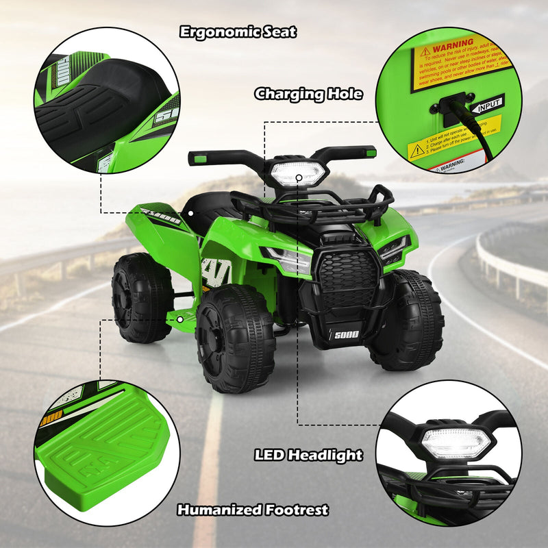 Green 6V ATV Quad Ride-On Car for Kids with Music, Horn, and LED Lights