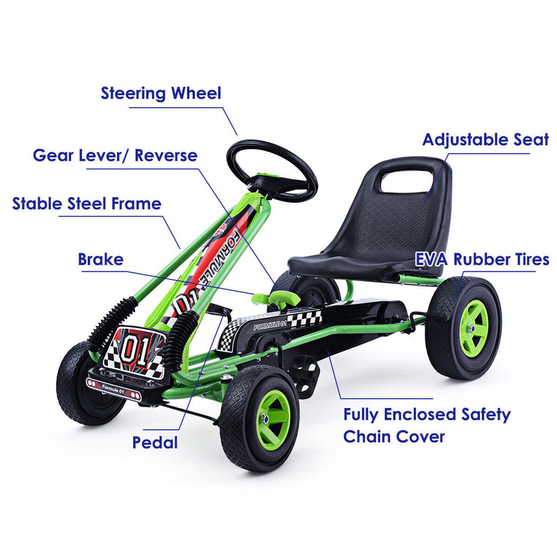 Green Adjustable Seat Pedal-Powered Kids Go Kart with 4 Wheels - Honeyjoy Ride On Toy
