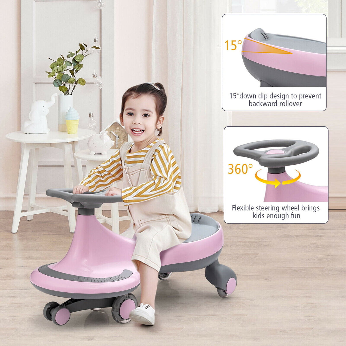 Gymax Pink Wiggle Car Ride-on Toy with Flashing Wheels for Toddlers and Kids