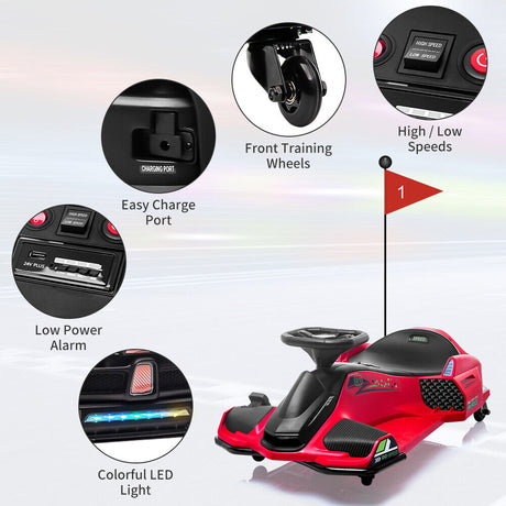 High-Speed Drift Ride-On Car for Kids with Music and LED Lights - 24V