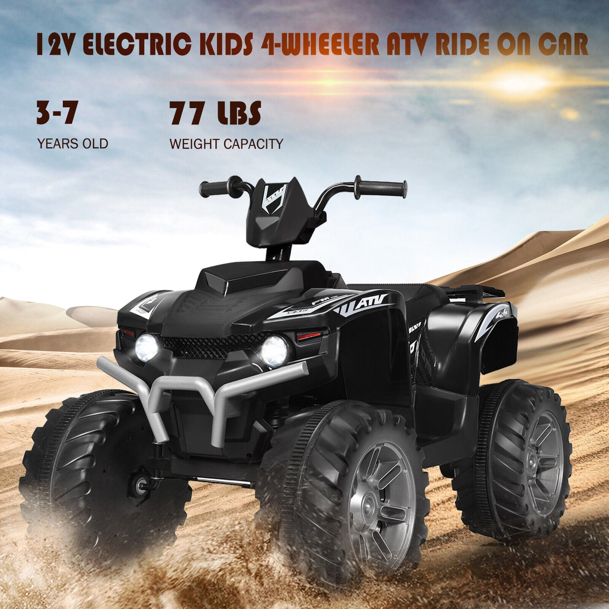 HoneyJoy 12V Kids ATV Quad Ride On Car with LED Light & Music - Black