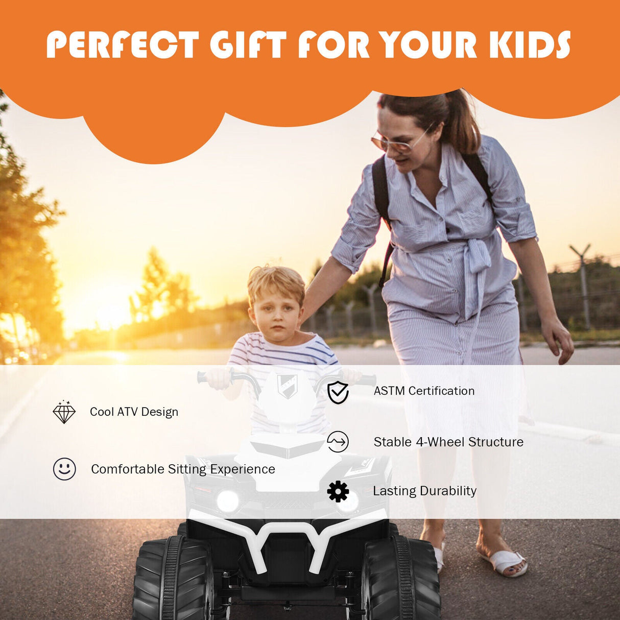 HoneyJoy 12V Kids ATV Quad Ride On Car with LED Light & Music - White