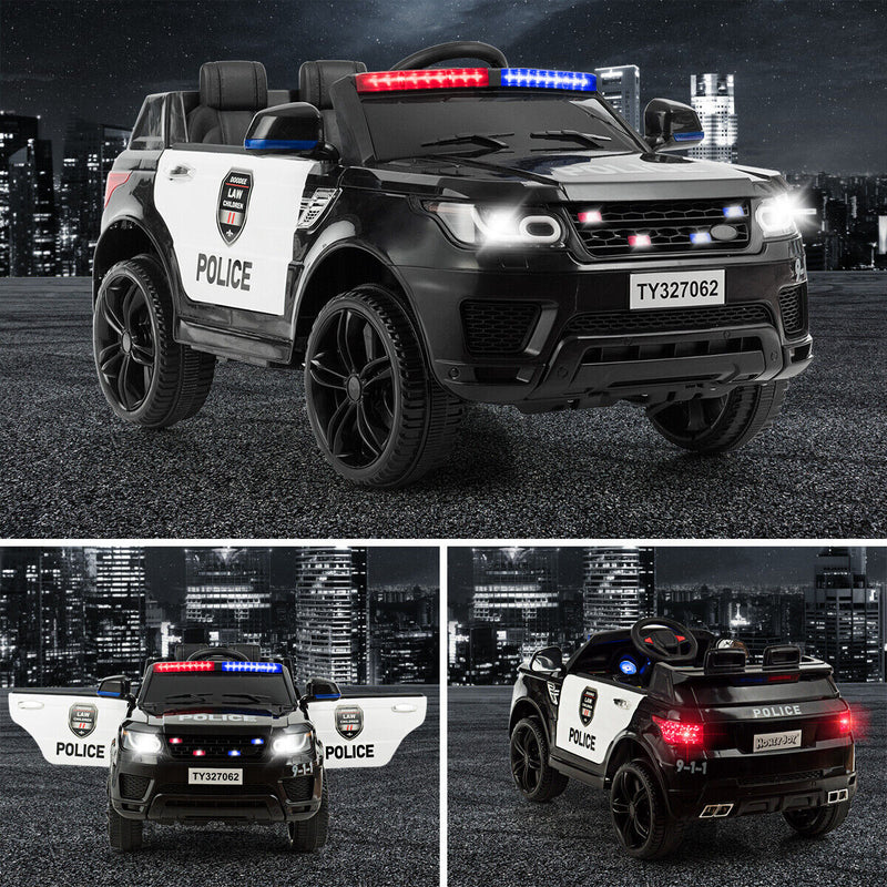 HoneyJoy 12V Kids Police Ride On Car with Remote Control, LED Lights, and Siren - Black