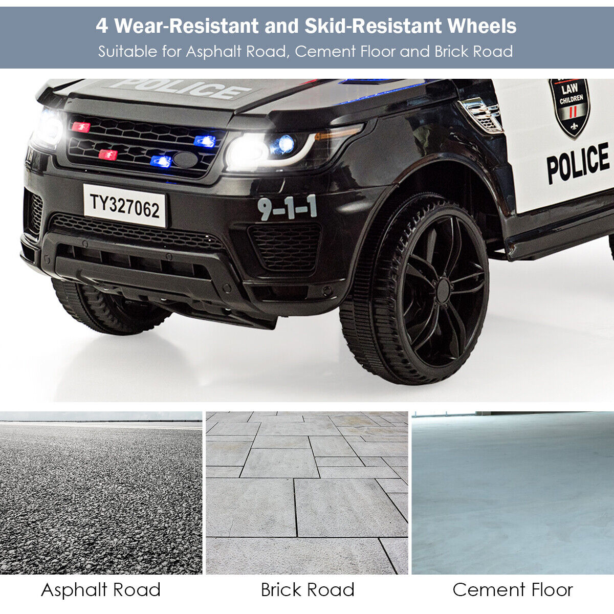 HoneyJoy 12V Kids Police Ride On Car with Remote Control, LED Lights, and Siren - Black
