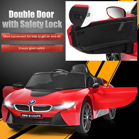 HoneyJoy 12V Licensed BMW I8 Kids Ride On Car with Remote Control, MP3 Player, and LED Lights in Red