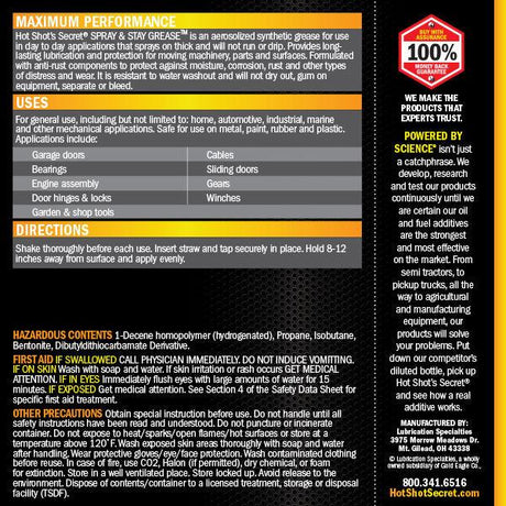 Hot Shots Secret Spray & Stay Grease Lubricant (HSSSAS9OZ)