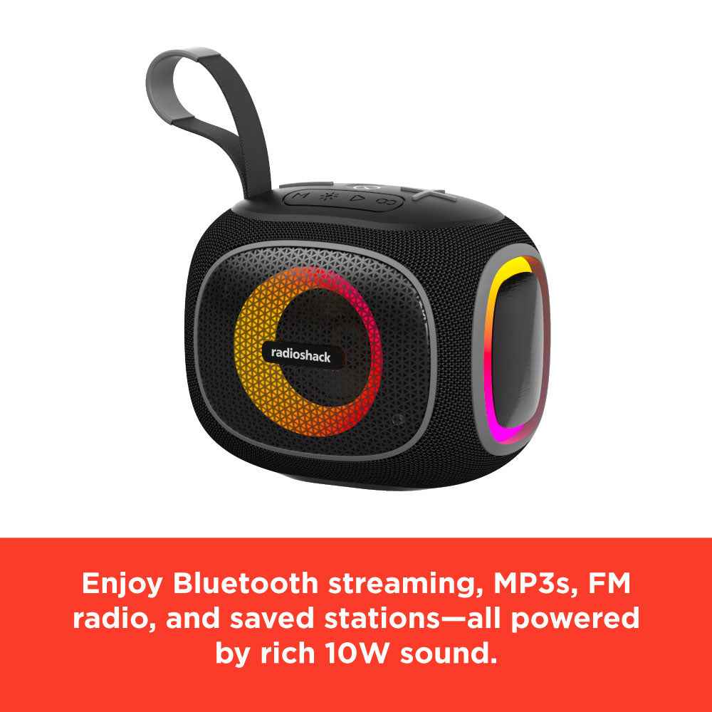 RadioShack Bluetooth Mini Speaker 10W, FM Radio, USB/AUX, IPX5 Water Resistant, RGB Lights, TekShack