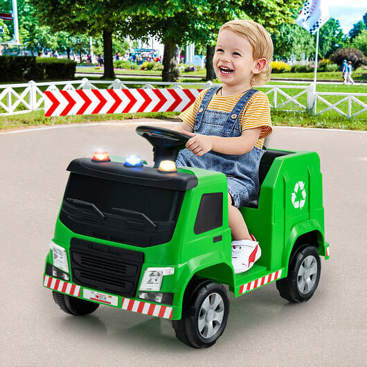 Interactive 12V Garbage Truck for Kids with Flashing Lights and Recycling Accessories